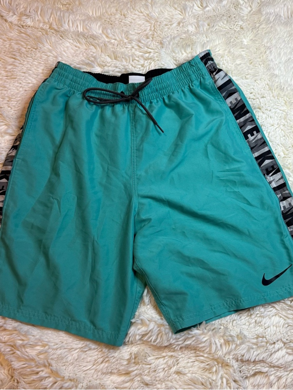 Nike Men’s Teal Swim Shorts with Black/white logo strips mesh liner 9” inseam
